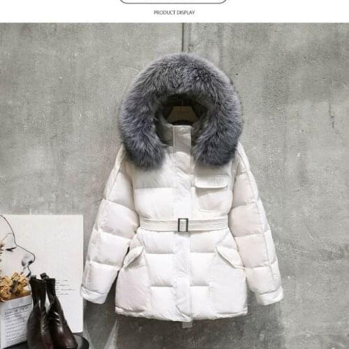 Large Natural Fox Fur Hooded Winter Jacket Women 90% White Duck Down Coats Thick Warm Parkas Sash Tie Up Short Snow Coat