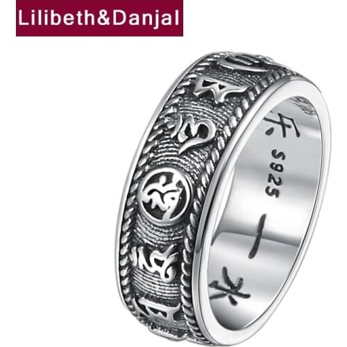 Fashion Ethnic Buddha Ring 100% Real 925 Sterling Silver Jewelry for men women Heart Sutra Mantra Letter Couple Ring 2018 R89