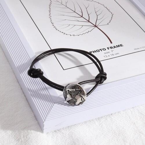 Fashion Black Leather Map of World Charm Bracelet Bangles for Women Wholesale Jewelry for Girl