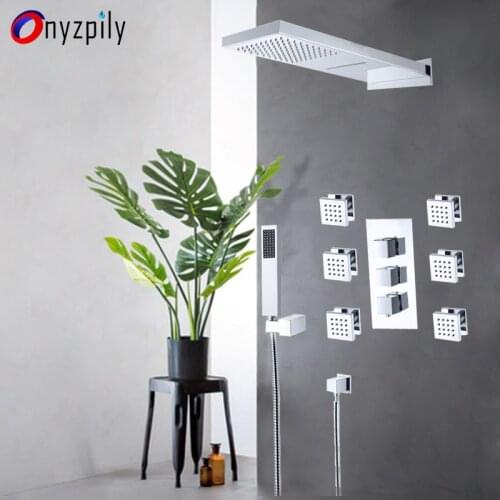 Onyzpily Bathroom Shower Faucet Set Rain Waterfall Shower Head 6pcs SPA Massage Jets Thermostatic Shower Mixer Tap Bathtub Showe
