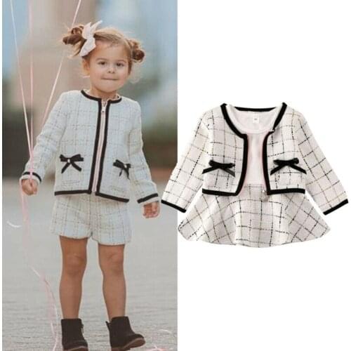 Autumn Winter Toddler Baby Girl Clothes Set Child Long Sleeve Plaid Coat Tops+Tutu Dress Formal Party Uniform School Outfit Set