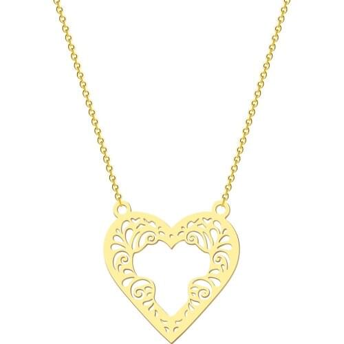 Kinitial New Heart With Lace Pendant Necklace Love Heart Charm Stainless Steel Necklaces for Women Men Fashion Chain Jewelry