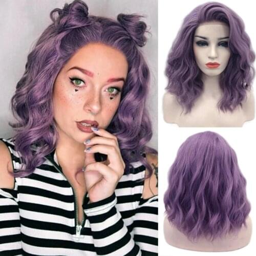RONGDUOYI Short High Temperature Fiber Hair Synthetic Lace Wigs for Women Purple Fiber Hair Wave Lace Wig Cosplay Short Wig