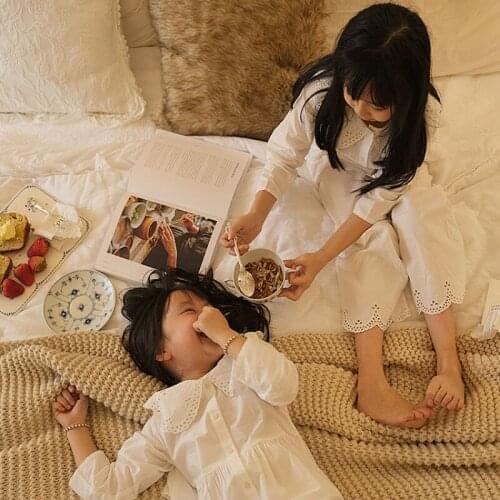 Girls Lolita Embroidered Turndown Collar Pajama Sets Vintage Kid‘s Pyjamas Set Sleep Loungewear Children’s Clothing Sleepwear