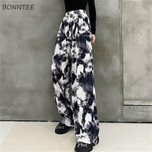 Casual Pants Women Full Length All-match College Boyfriend Daily Tie Dye Female Trousers Wide Leg Trendy Baggy Teenagers Thicker