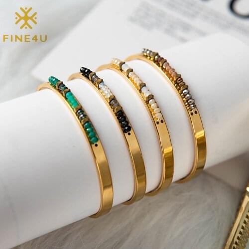 FINE4U B544 Simple 4MM Width Cuff Bracelet Stainless Steel Open Bangle for Women Girls