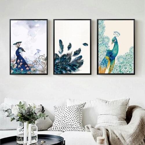 Mordern Luxury Art Wall Painting Canvas Green Peacock Printing Poster 3Pcs Living Room Bedroom Minimalist Decorative Picture