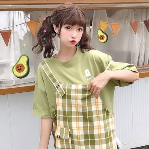 Sweet College Wind Loose Crew-Neck T-shirt Green Plaid Long Suspender Dress Children Summer Tide lolita blouse fairy kei