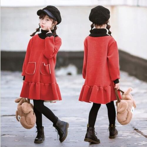 Girls Warm Dress Autumn Winter Teenage Girl Turtleneck Warm Pocket Princess Dresses Baby Girl Leisure Dress Children Clothing