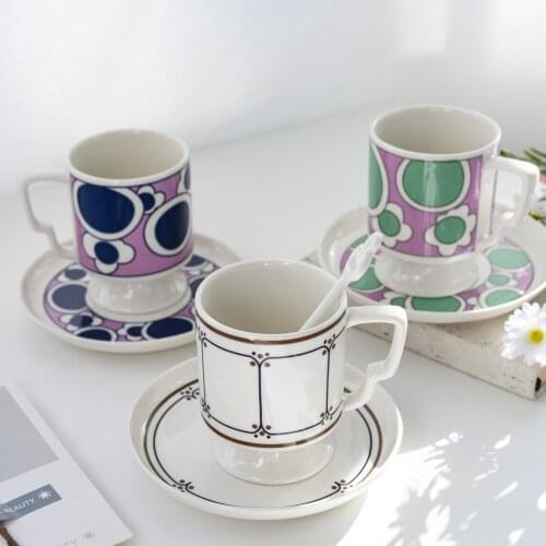 Vintatge Ceramic Goblet Mug and Plate Personalized Pottery Flower Coffee Tea Cup with Saucer Kitchen Office Tableware Home Decor