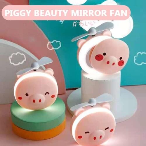 Cartoon Piggy Makeup Mirror Portable Charging Illuminated Beauty Mirror Mini Cute Animal Fill Light Mirror Fan Home Decor 2021