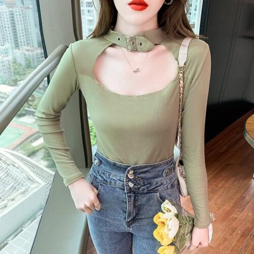 2021 Creativity Stand Collar Womens T-shirt Long Sleeve T Shirt Solid Tops Slim Women Clothing Tee Shirt Femme Spring Autumn