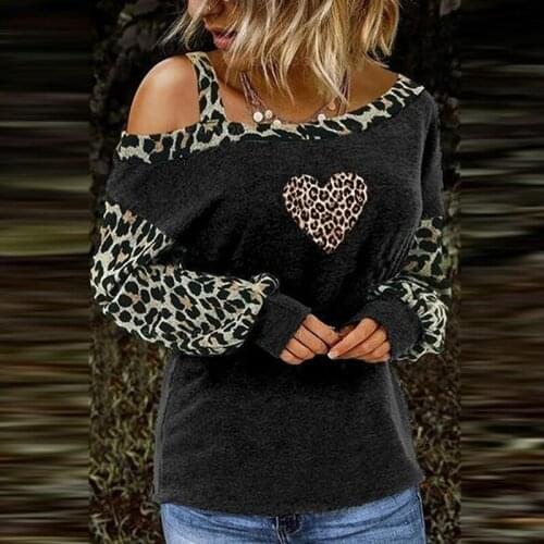 Womens Fashion Casual Leopard Blouse Cold Shoulder Long Sleeve Loose Pullover Tops Spring Autumn Womens Tops And Blouses