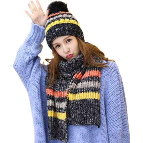 Women Winter Crochet Knitted 2 Pieces Beanie Hat Long Scarf Shawl Wrap Set Contrast Colored Striped Thick Plush Lined Cap H9ED
