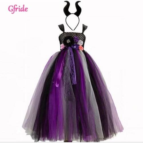 Girls Cosplay Witch Long Tutu Dress With Headband For Kids Birthday Party Tulle Colorful Dress Halloween Dress Up Costume 2-10Y