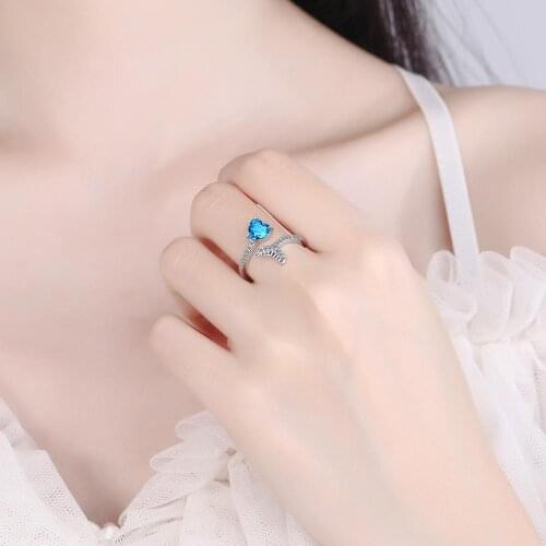 Bling Heart Blue Crystal Fishtail Cubic Zirconia 925 Sterling Silver Resizable Rings For Women Sweet Delicate Jewelry Gift