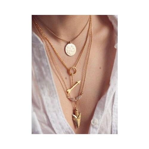 Fashion Statement Necklace 2020 Gold Color Multi-layer Chain Angel Wings Arrow Pendant Charm Necklaces for Women