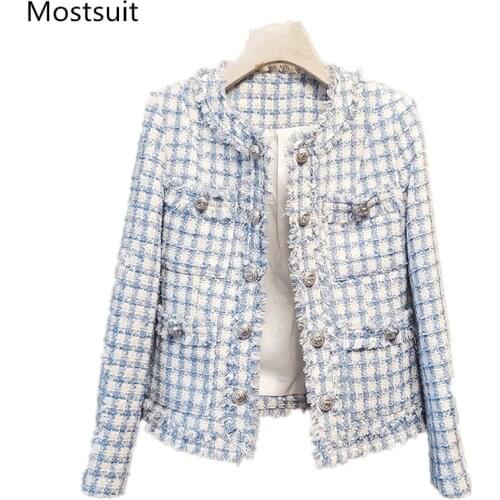 2020 Autumn Tweed Tassel Vintage Coats Jackets Women Long Sleeve Double-breasted Fashion Ladies Elegant Women Clothes Jackets