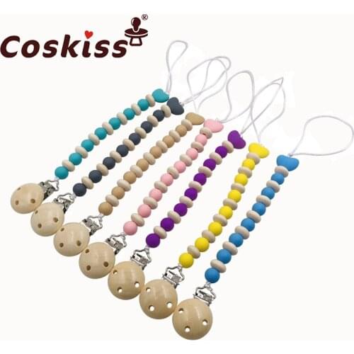 1PC Baby Pacifier Clip Natural Wooden Dummy Clip Silicone Beads Pacifier Chain Infant Soother Nipple Strap Baby Teether