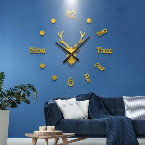 3D Deer Head Creative Hanging Clock Acrylic Living Room Decoration DIY Cool Clock Sticken on the Wall Modern Simple Mute Clock