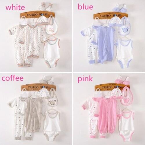 8 Pcs Sets Newborn Romper Baby Clothes Girl Boy Bodysuit Infant Baby Gift Sets Overall Bib Cap Booties Combed Cotton