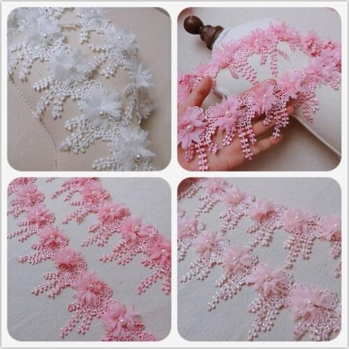 8cm Wide Trend Three-dimensional Beaded Chiffon Flower Tassel Lace Trim DIY Clothes Skirt Wedding Headdress Fabric Flowers