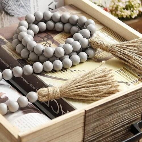 Wood Bead Garland with Tassels Farmhouse Beads Rustic Country Decor Prayer Boho Beads Wall Hanging Decoration