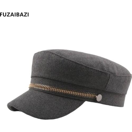 FUZAIBAZI Trend New Spring Autumn Womens Military Hats Elegant Retro Flat Cap For Fashion Women Golden Chain Decorat Casquette