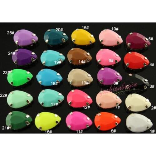 20pcs 10x14mmteardrop solid candy acrylic sew on stones with silver copper Settings beads stones diy For Clothes Dress