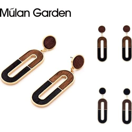 Creative Trendy Double Color Wood Splice Drop Earrings Women Gold Geometric Pendant Dangle Earrings Fashion Jewelry Accessories