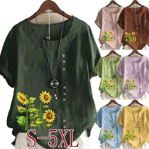 New Arrived Summer Fashion Womens Printed Linen T-shirt Casual Loose Round Neck Short Sleeve Shirt Blouse Tops Plus Size