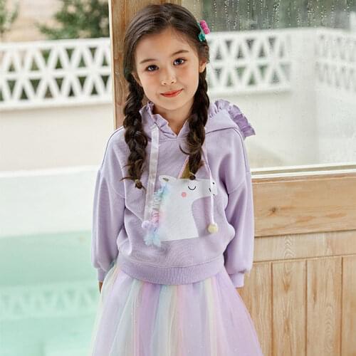 Girls Unicorn Clothes Sets Spring Autumn Kids Cute Cartoon Hooded Sweater Rainbow Mesh Skirt 2 Piece 3-7 Years Children Outfits