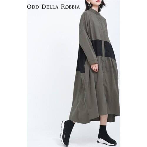 OddDellaRobbia 2021 Womens Spring Design Sense Stitching Work Wear Dress Temperament Japanese Cotton Linen Contrast Dress 1301