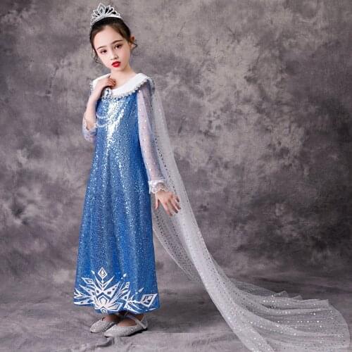 Elsa Girl Dress Sequins Glitter Elegant Dresses Childrens Evening Dress Long Tails Gown Snow Queen Costume Halloween Christmas