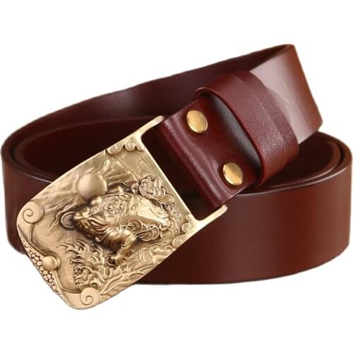 Solid brass buckle full grain cowhide genuine leather belts for mens fashion casual 2020 luxury new designer dragon lion tiger
