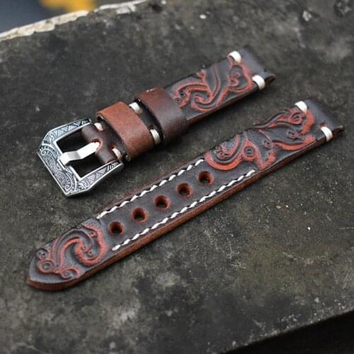 Watch Band 20mm 22mm Vintage Leather Carved Embossed Watch Straps for Panerai Watchband With Carved Buckle Engraved Clasp