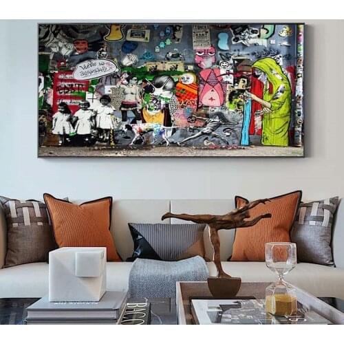 Street art graffiti painting canvas is not Banksy mural montage abstract template modern living room home wall decoration