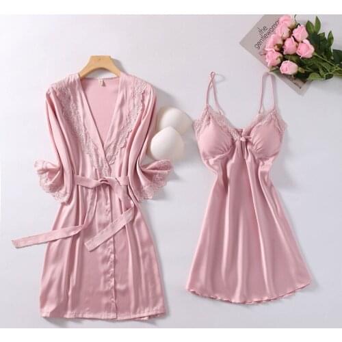 Spring Women 2PCS Robe Gown Sets Sweet Lace Floral Nightgown Kimono Sleepwear Nightwear Lounge Underwear Robe Home Clothes