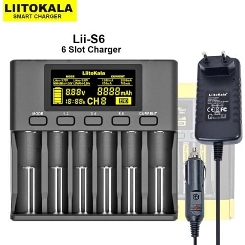 LiitoKala Lii-S6 Lii-PD4 Lii-500S 3.2V 3.7V 18650 Battery Charger 6-Slot Auto-Polarity Detect 26650 21700 18500 AA AAA Batteries