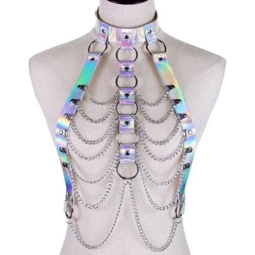 KMVEXO New Fashion Women Harness Bondage Beach Bra Chain Collar Choker Chains Laser Leather Necklace Party Outfit Jewelry