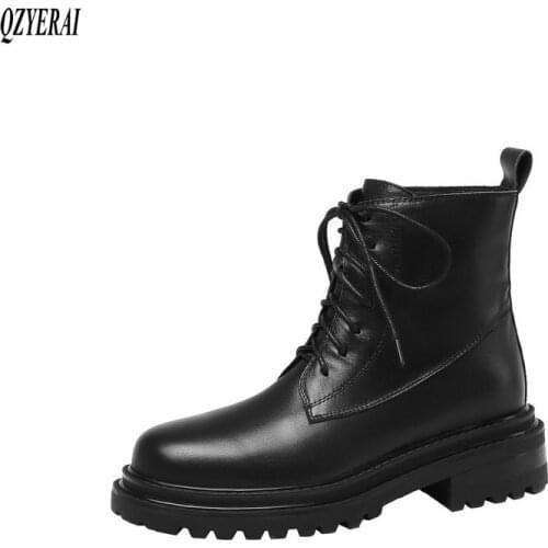 QZYERAI 2020 New winter 100% genuine leather ankle Women boots Motorcycle boots lace-up Female boots warm Women shoes cowhide