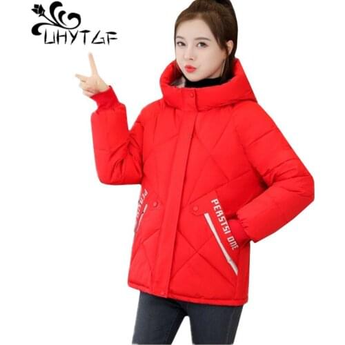 UHYTGF winter coat women hooded down jacket casual short jackets parker womens elegant student Korean warm plus size coats 1764