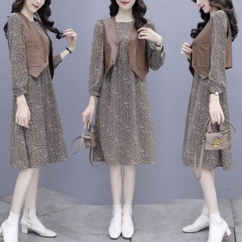2021 Autumn New French Style Retro Waist Women Temperament Floral Printed Dress And PU Leather Vest Jacket Two-piece Set aq648