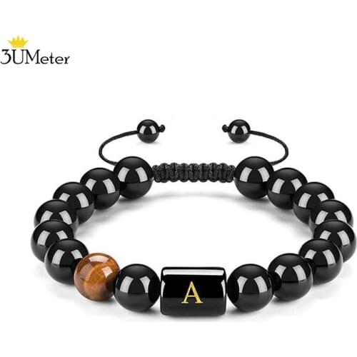 26 Letters Bracelets Adjustable Natural Black Onyx Stone Braided Rope Bracelet for Women Men couple Jewelry Name Friendship Gift