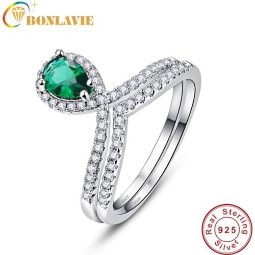 BONLAVIE Stackable Ring Water Drop Green Crystal Finger Rings for Women Wedding Engagement Jewelry 2pc