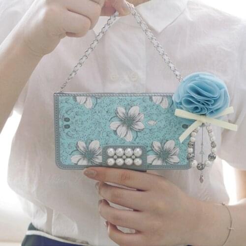 3D Blue Pink Pearl Flower Phone Case Sling For Samsung Note8 S8 plus PU Leather Cover For iPhone X 7 8 6s plus