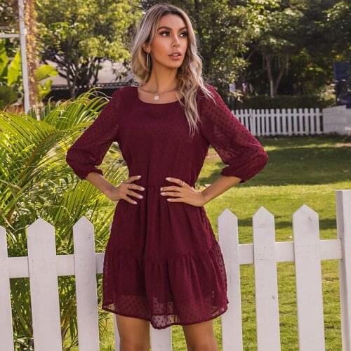 Elegant Women Summer Dress Loose Waist Solid Lace O-Neck Three Sleeve Ladies Part Dress