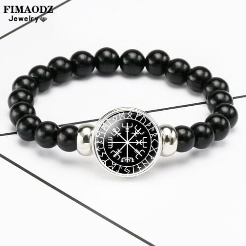 FIMAODZ Viking Compass Valknut Beaded Bracelet Life Tree Art Pattern Casual Glass Gem Bracelets Men Women Jewelry