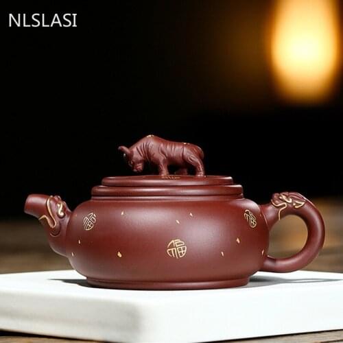 Chinese Yixing High-end Tea Pot Handmade Cattle Statue Purple Clay Teapot Beauty Kettle Tea Ceremony Customized Collection 340ml