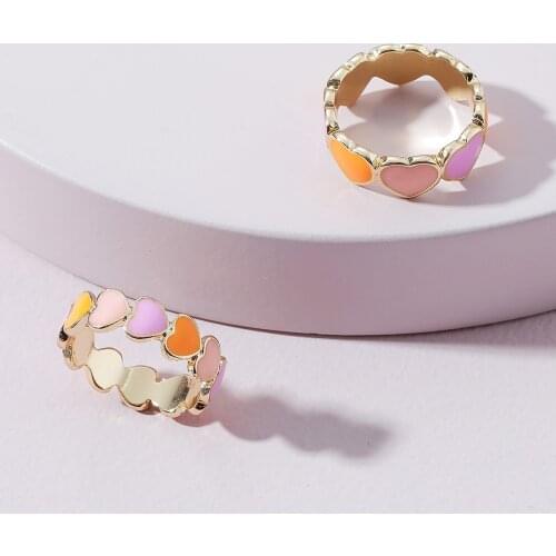 2Pcs/set Vintage Colorful Love Heart Rings Simple Design Cute Gold Color Round Metal Ring For Women Fashion Party Jewelry Gifts